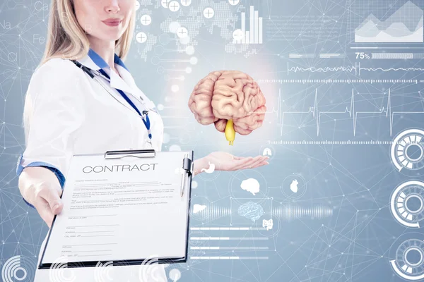 Double Exposure, Doctor holding human organs ( brain) and tablet , gray background. — Stock Photo, Image