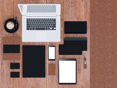 mockup marka. Ahşap arka plan şablonu. 3D render. 3D çizim. Yüksek çözünürlük.