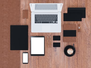 mockup marka. Ahşap arka plan şablonu. 3D render. 3D çizim. Yüksek çözünürlük.