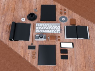mockup marka. Ahşap arka plan şablonu. 3D render. 3D çizim. Yüksek çözünürlük.