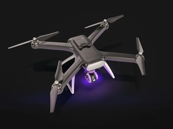 Современный беспилотник с дистанционным управлением, летающий с камерой действия. на черном фоне. 3D  . — стоковое фото