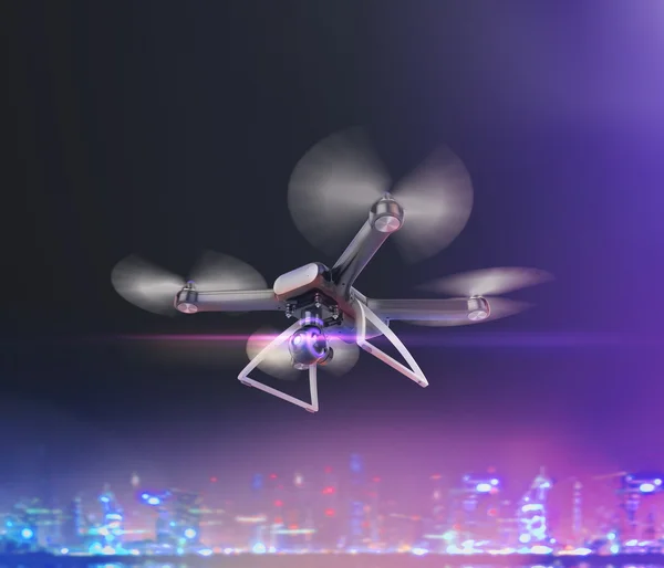 Doppia esposizione, moderno telecomando Air Drone Volare con action camera. su sfondo nero. 3D  . — Foto Stock