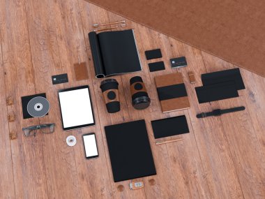 mockup marka. Ahşap arka plan şablonu. 3D render. 3D çizim. Yüksek çözünürlük.