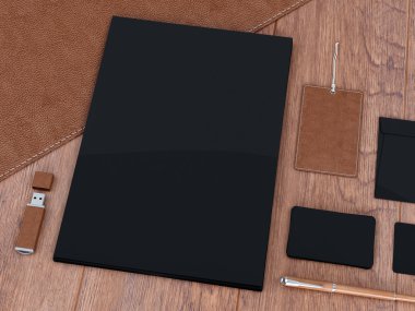 mockup marka. Ahşap arka plan şablonu. 3D render. 3D çizim. Yüksek çözünürlük.