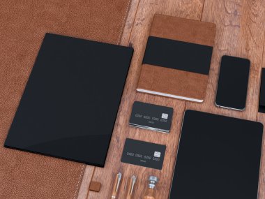 mockup marka. Ahşap arka plan şablonu. 3D render. 3D çizim. Yüksek çözünürlük.