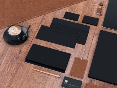 mockup marka. Ahşap arka plan şablonu. 3D render. 3D çizim. Yüksek çözünürlük.