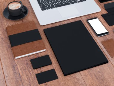 mockup marka. Ahşap arka plan şablonu. 3D render. 3D çizim. Yüksek çözünürlük.
