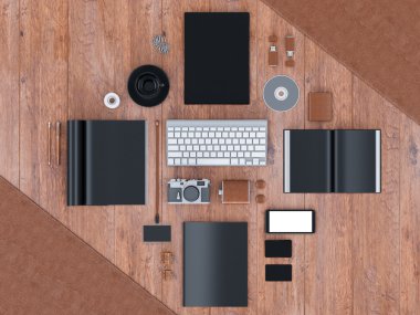 mockup marka. Ahşap arka plan şablonu. 3D render. 3D çizim. Yüksek çözünürlük.
