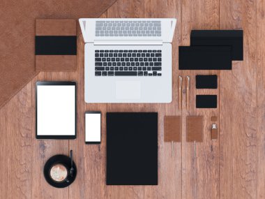 mockup marka. Ahşap arka plan şablonu. 3D render. 3D çizim. Yüksek çözünürlük.