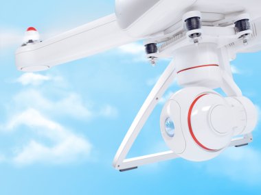 Modern beyaz dron parlak mavi gökyüzünde asılı. 3D .