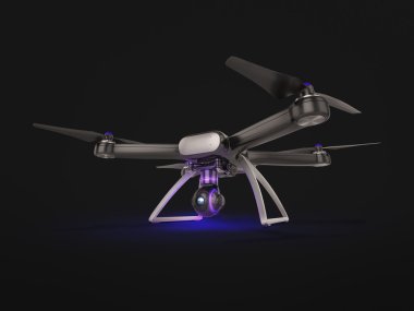 Modern uzaktan kumanda hava uçak uçan kamera ile. siyah arka plan üzerine. 3D .