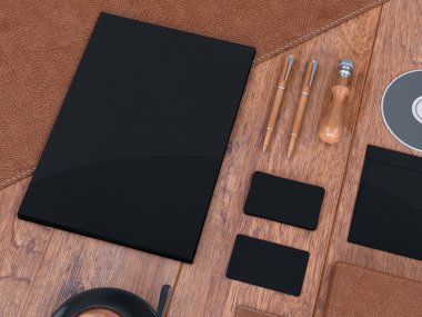 mockup marka. Ahşap arka plan şablonu. 3D render. 3D çizim. Yüksek çözünürlük.