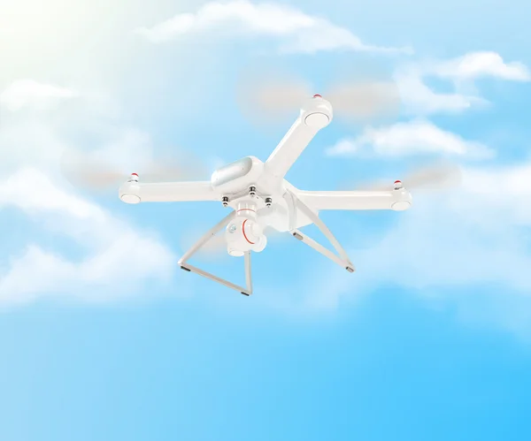Moderní bílý dron vznášející se v jasně modré obloze. 3D . — Stock fotografie