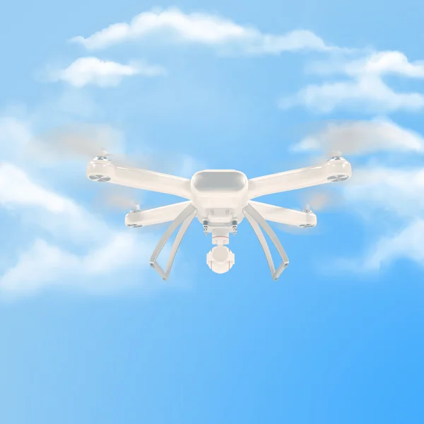 现代白色无人机在明亮的蓝色天空盘旋。3d . — 图库照片