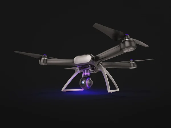 Moderno telecomando Air Drone Volare con action camera. su sfondo nero. 3D  . — Foto Stock