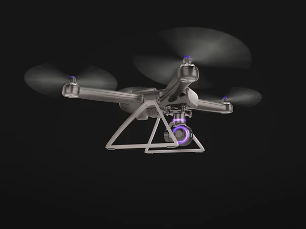 Современный беспилотник с дистанционным управлением, летающий с камерой действия. на черном фоне. 3D  . — стоковое фото