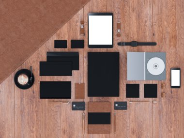 mockup marka. Ahşap arka plan şablonu. 3D render. 3D çizim. Yüksek çözünürlük.