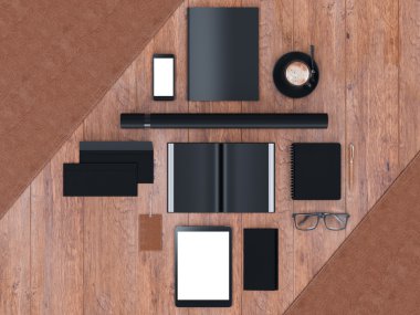 mockup marka. Ahşap arka plan şablonu. 3D render. 3D çizim. Yüksek çözünürlük.