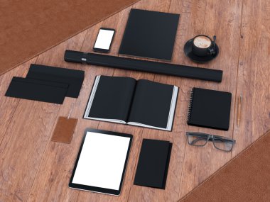 mockup marka. Ahşap arka plan şablonu. 3D render. 3D çizim. Yüksek çözünürlük.