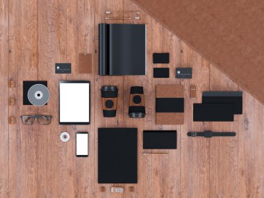 mockup marka. Ahşap arka plan şablonu. 3D render. 3D çizim. Yüksek çözünürlük.