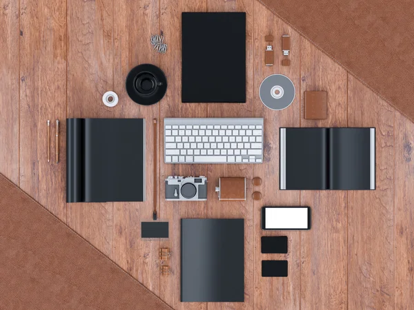 mockup marka. Ahşap arka plan şablonu. 3D render. 3D çizim. Yüksek çözünürlük.