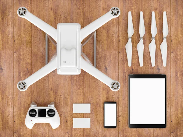 Drone con dispositivos de control en madera de color claro. Ilustración 3D . —  Fotos de Stock