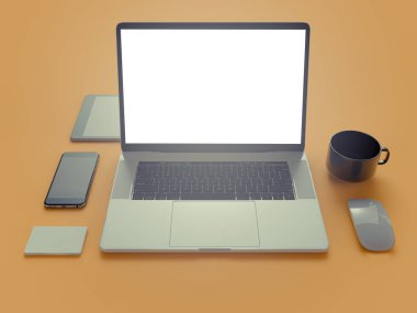 Web tasarımcısı Sarı zemin üzerine Atriibutes. Üstten Görünüm. düz yatıyordu. 3D render. Yüksek çözünürlük.