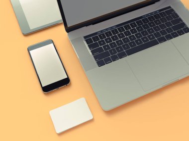 Web tasarımcısı Sarı zemin üzerine Atriibutes. Üstten Görünüm. düz yatıyordu. 3D render. Yüksek çözünürlük.