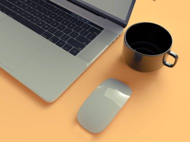Web tasarımcısı Sarı zemin üzerine Atriibutes. Üstten Görünüm. düz yatıyordu. 3D render. Yüksek çözünürlük.