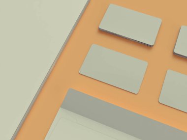 Web tasarımcısı Sarı zemin üzerine Atriibutes. Üstten Görünüm. düz yatıyordu. 3D render. Yüksek çözünürlük.