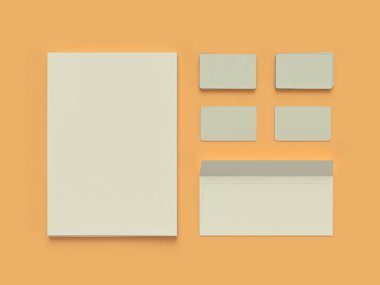 Web tasarımcısı Sarı zemin üzerine Atriibutes. Üstten Görünüm. düz yatıyordu. 3D render. Yüksek çözünürlük.