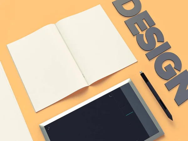 Atriibutes of web Designer on yelow background (dalam bahasa Inggris). Top View. flat Lay. Perilisan 3D. Resolusi tinggi . — Stok Foto