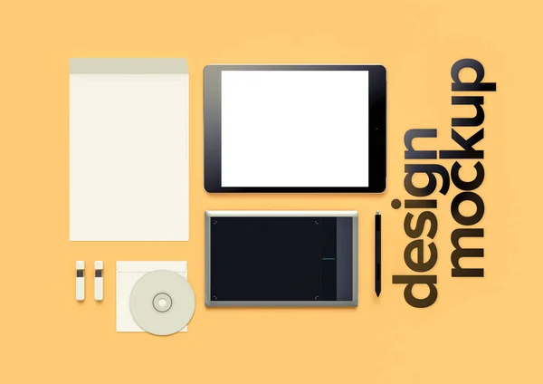 Atriibutes för web Designer på gul bakgrund. Ovanifrån. Flat Lay. 3D-rendering. Hög upplösning. — Stockfoto