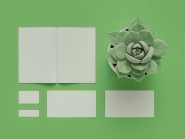 Web tasarımcı üzerinde yeşil arka plan özellikleri. Üstten Görünüm. düz yatıyordu. 3D render. Yüksek çözünürlük.