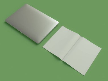 Web tasarımcı üzerinde yeşil arka plan özellikleri. Üstten Görünüm. düz yatıyordu. 3D render. Yüksek çözünürlük.