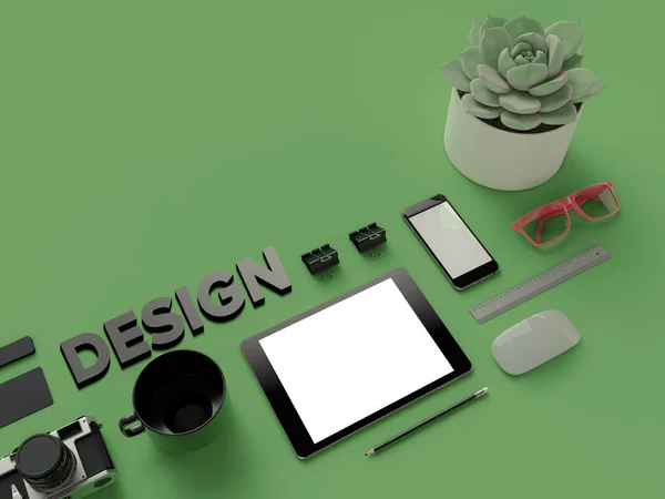 Atributos do web Designer em fundo verde. Vista superior. Flat Lay. Renderização 3D. Alta resolução . — Fotografia de Stock