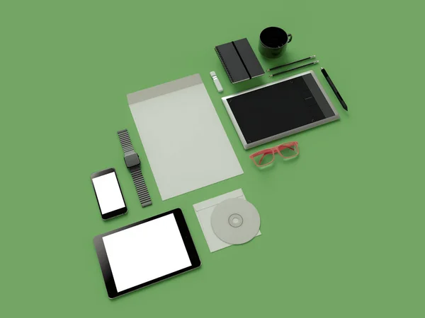 Atributes Web Designer på grön bakgrund. Ovanifrån. Flat Lay. 3D-rendering. Hög upplösning. — Stockfoto