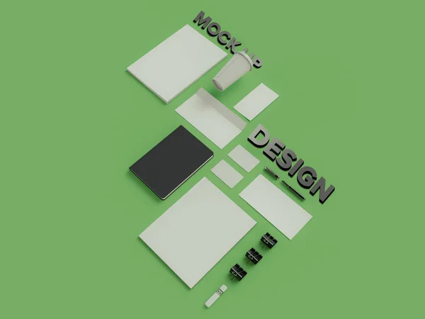 Atributes Web Designer på grön bakgrund. Ovanifrån. Flat Lay. 3D-rendering. Hög upplösning. — Stockfoto
