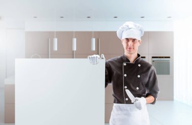Bir mutfak ile tahta üzerinde yemek. 3D render ve fotoğraf. Yüksek çözünürlük.