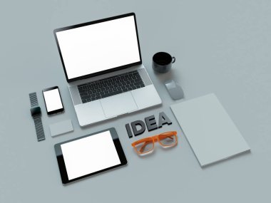 Web tasarımcısı gri arka plan üzerinde özellikleri. Üstten Görünüm. düz yatıyordu. 3D render. Yüksek çözünürlük.