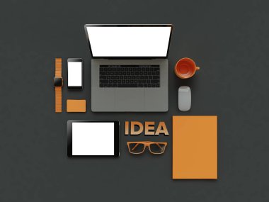 Web tasarımcısı koyu arka plan üzerinde özellikleri. Üstten Görünüm. düz yatıyordu. 3D render. Yüksek çözünürlük.
