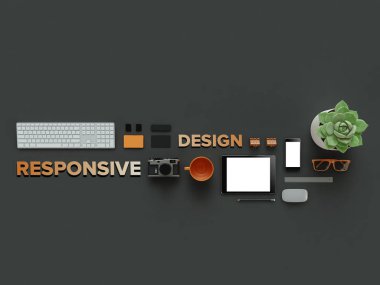 Web tasarımcısı koyu arka plan üzerinde özellikleri. Üstten Görünüm. düz yatıyordu. 3D render. Yüksek çözünürlük.