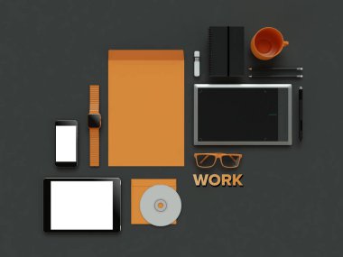 Web tasarımcısı koyu arka plan üzerinde özellikleri. Üstten Görünüm. düz yatıyordu. 3D render. Yüksek çözünürlük.