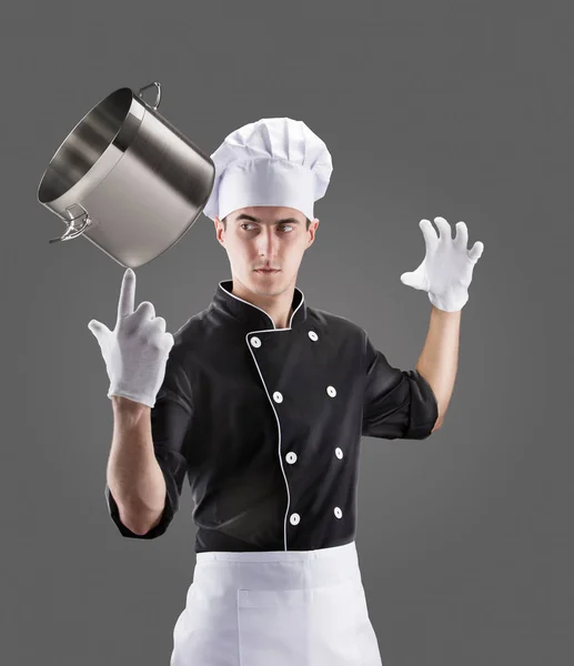 Koken met pan op vinger. 3D-rendering en foto. Hoge resolutie. — Stockfoto