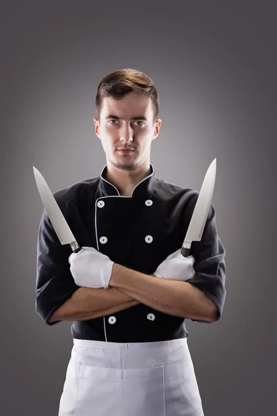 Cook with knifes, front view. 3D rendering and photo. High resolution. — Stock Photo, Image