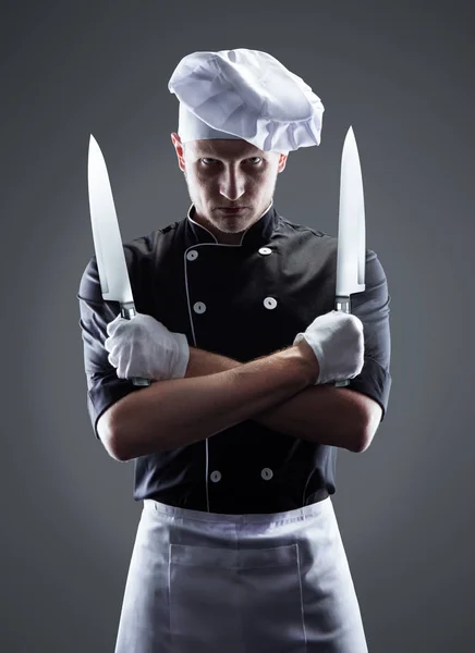 Cook with knifes, front view. 3D rendering and photo. High resolution. — Stock Photo, Image