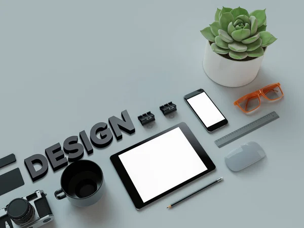 Atributos de web Diseñador sobre fondo gris. Vista superior. Lay plana. Representación 3D. Alta resolución . — Foto de Stock