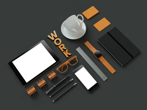 Atributes of web Designer on dark background. Top View. flat Lay. 3D rendering. High resolution. — Stock Photo, Image