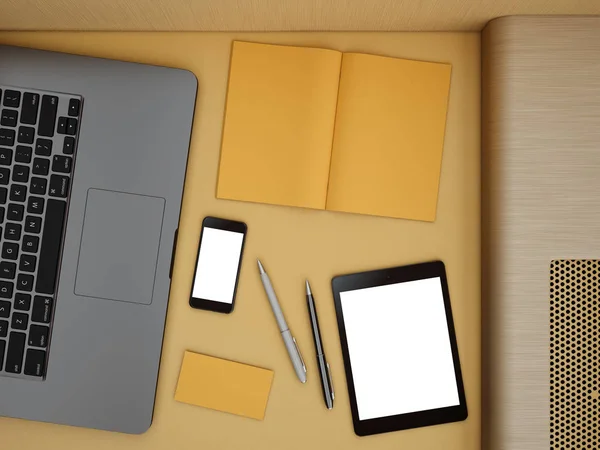 Laptop met tablet en smartphone op tafel — Stockfoto