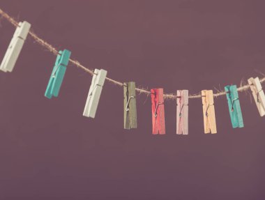 Çiçekler clothesline üzerinde sabitlenmiş. Minimalizm arka plan. Mavi, turuncu, gri arka plan. Yüksek çözünürlüklü fotoğraf.